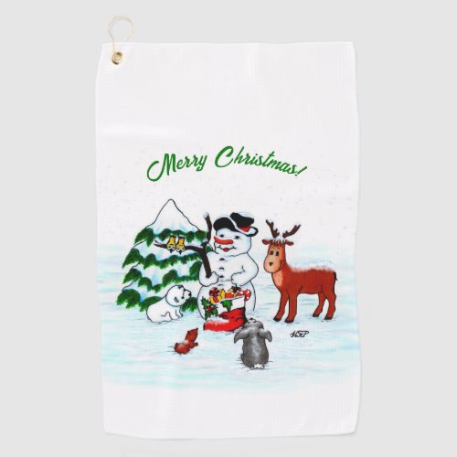 Merry Christmas Snowman with Friends Golf Towel