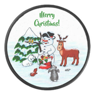 Merry Christmas! Snowman with Friends Hockey Puck