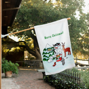 Merry Christmas! Snowman with Friends House Flag