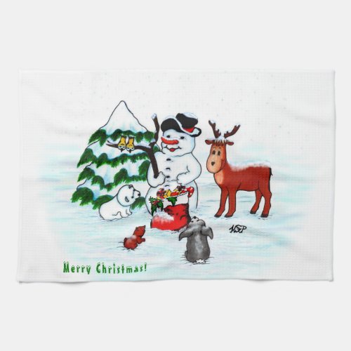 Merry Christmas Snowman with Friends Kitchen Towel