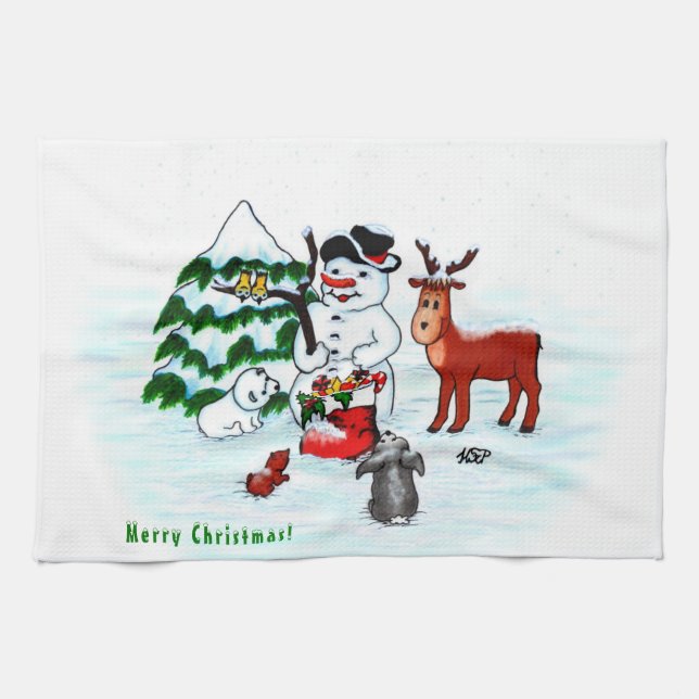 Merry Christmas! Snowman with Friends Kitchen Towel (Horizontal)