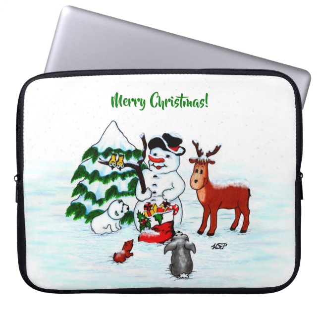 Merry Christmas! Snowman with Friends Laptop Sleeve (Front)