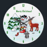 Merry Christmas! Snowman with Friends Large Clock<br><div class="desc">Merry Christmas! Snowman with Friends - Baby Polar Bear,  Birds,  Moose,  Rabbit,    ~~~ colored pencil drawing by Krisi ArtKSZP ~~~ Store Category >>> Merry Christmas for Kids >>> Snowman with Friends</div>