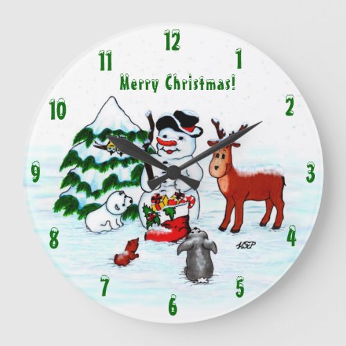 Merry Christmas Snowman with Friends Large Clock