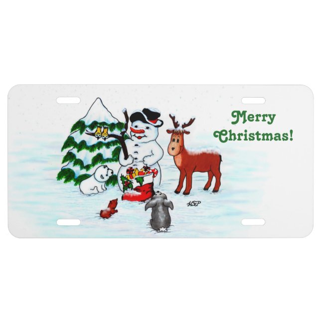 Merry Christmas! Snowman with Friends License Plate (Front)