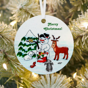 Merry Christmas! Snowman with Friends Metal Ornament