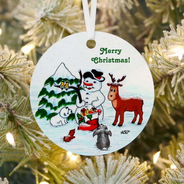 Merry Christmas! Snowman with Friends Metal Ornament (Insitu)