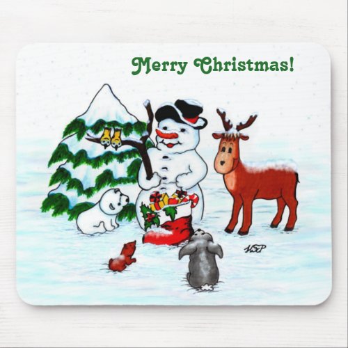 Merry Christmas Snowman with Friends Mouse Pad