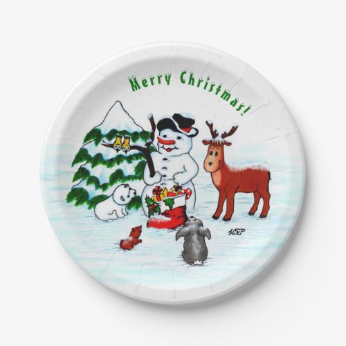 Merry Christmas Snowman with Friends Paper Plates
