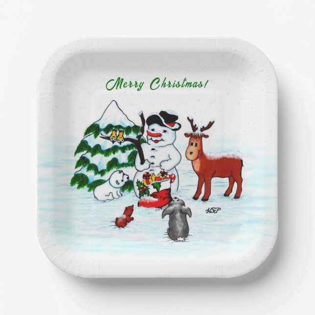 Merry Christmas! Snowman with Friends Paper Plates (Front)