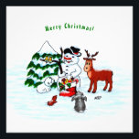 Merry Christmas! Snowman with Friends Photo Print<br><div class="desc">Merry Christmas! Snowman with Friends - Baby Polar Bear,  Birds,  Moose,  Rabbit,    ~~~ colored pencil drawing by Krisi ArtKSZP ~~~ Store Category >>> Merry Christmas for Kids >>> Snowman with Friends</div>