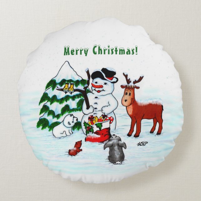 Merry Christmas! Snowman with Friends Round Pillow (Back)