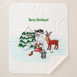 Merry Christmas! Snowman with Friends Sherpa Blanket