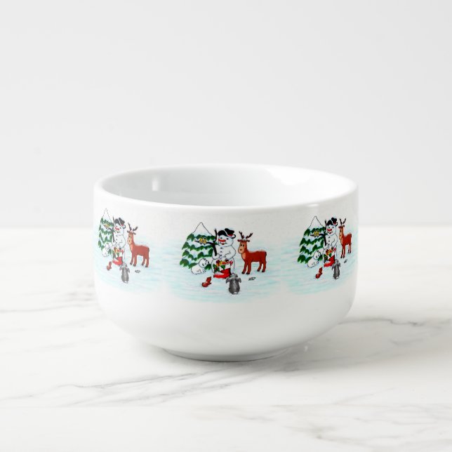 Merry Christmas! Snowman with Friends Soup Mug (Front)