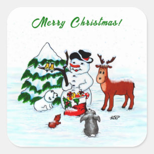 Merry Christmas! Snowman with Friends Square Sticker