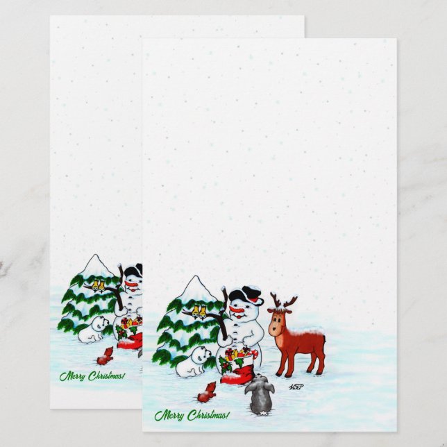 Merry Christmas! Snowman with Friends Stationery (Front/Back)