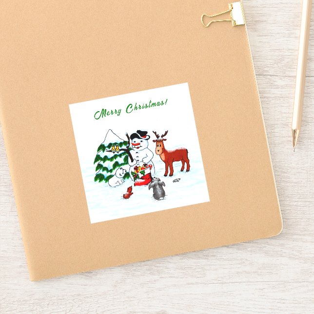 Merry Christmas! Snowman with Friends Sticker (Notebook)