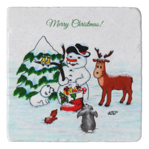 Merry Christmas! Snowman with Friends Trivet