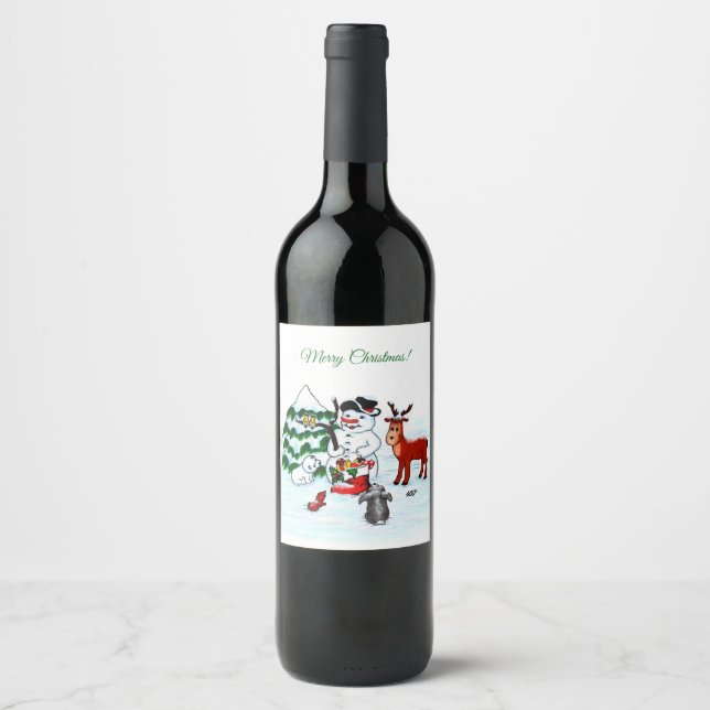 Merry Christmas! Snowman with Friends Wine Label (Front)