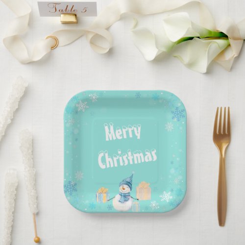 Merry Christmas Snowman with Gifts Paper Plates