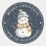 Merry Christmas Snowman with Hat on Blue Classic Round Sticker