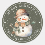 Merry Christmas Snowman with Hat on Green Classic Round Sticker