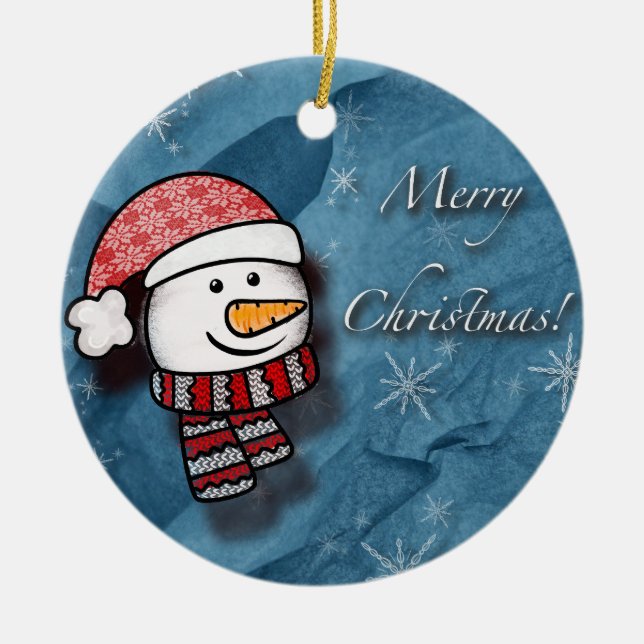 Merry Christmas, snowman with knitted clothes Ceramic Ornament (Front)