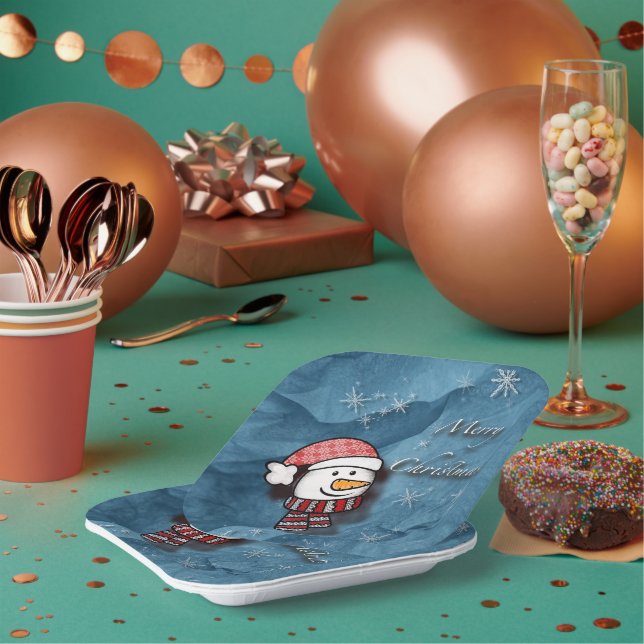 Merry Christmas, snowman with knitted clothes Paper Plates (Multi)