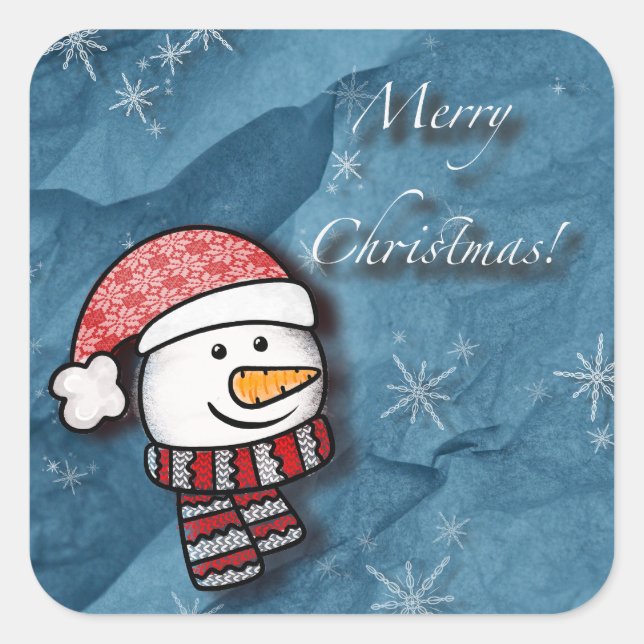 Merry Christmas, snowman with knitted clothes Square Sticker (Front)