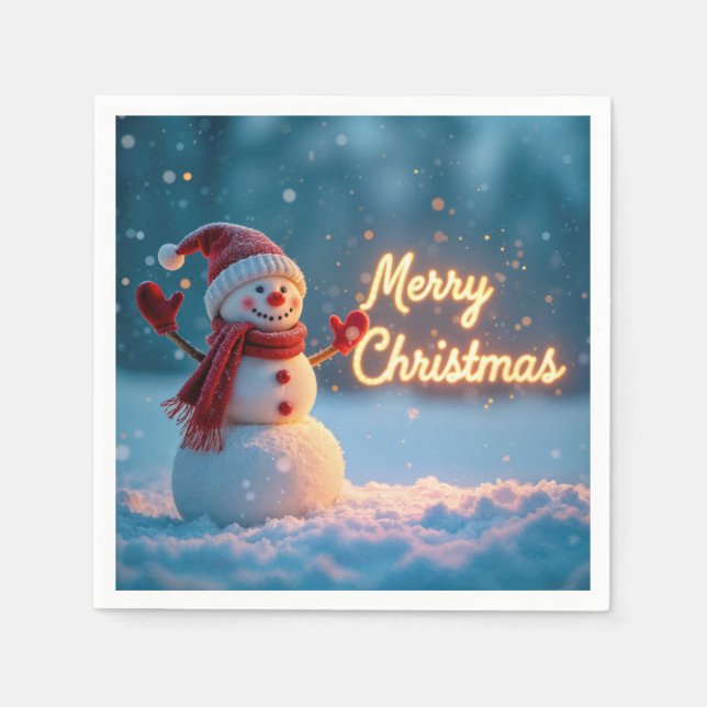 Merry Christmas Snowman with Neon Sign Napkins (Front)