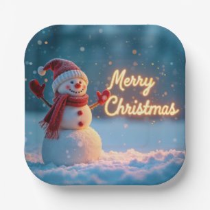 Merry Christmas Snowman with Neon Sign Paper Plates