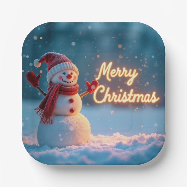 Merry Christmas Snowman with Neon Sign Paper Plates (Front)