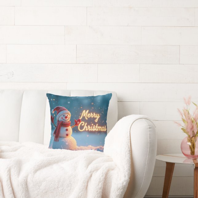 Merry Christmas Snowman with Neon Sign Throw Pillow (Couch)