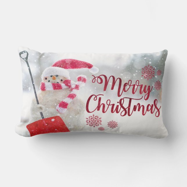 Merry Christmas, Snowman With Santa Hat Lumbar Pillow (Front)