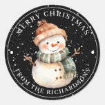 Merry Christmas Snowman with Scarf on Black Classic Round Sticker