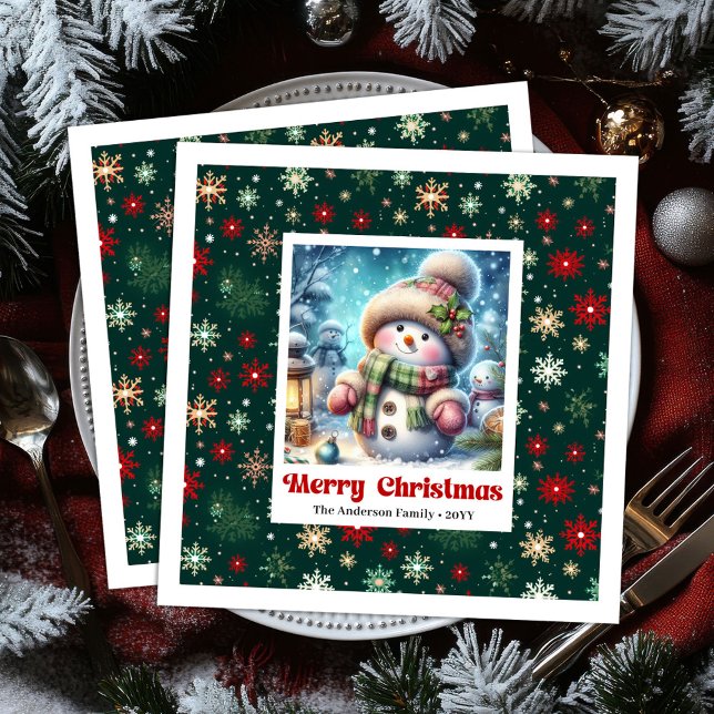 Merry Christmas snowman with snowflakes kids  Paper Dinner Napkins (Merry Christmas snowman with snowflakes kids napkins)