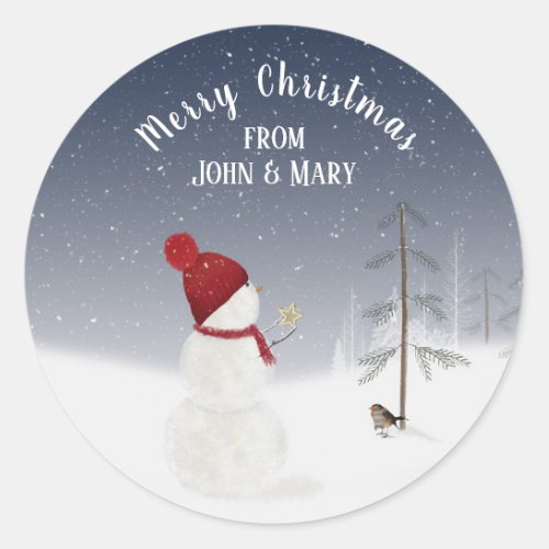 Merry Christmas snowman with star Classic Round Sticker