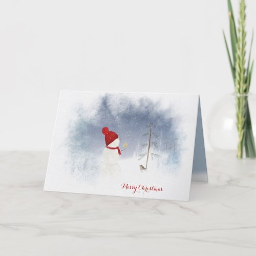 Merry Christmas snowman with star ornament Holiday Card