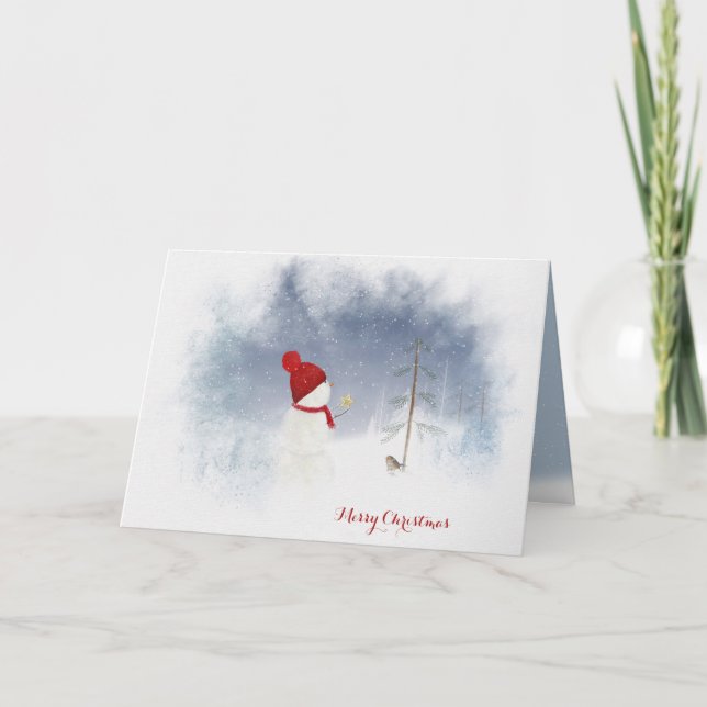 Merry Christmas snowman with star ornament Holiday Card (Front)
