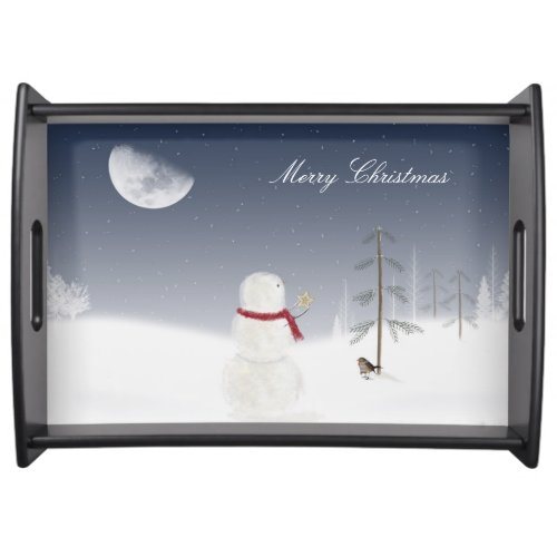 Merry Christmas Snowman With Star Serving Tray
