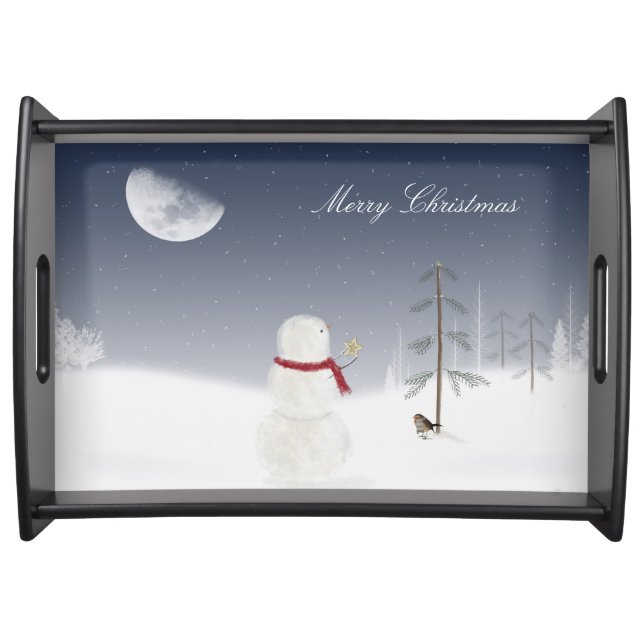 Merry Christmas Snowman With Star Serving Tray (Front)