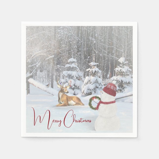 Merry Christmas Snowmen and Buck In Winter Woods Napkins (Front)