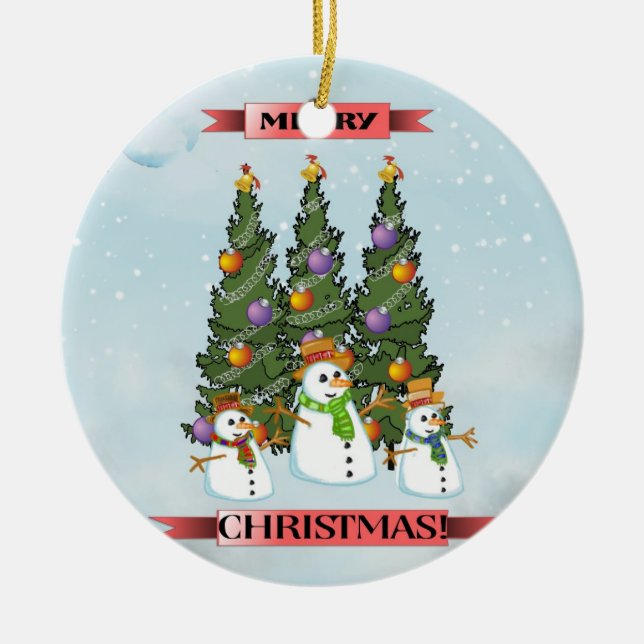 Merry Christmas Snowmen Christmas Tree Ornament (Front)