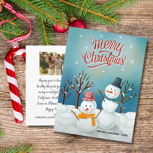 Merry Christmas Snowmen Custom Family Photo Postcard