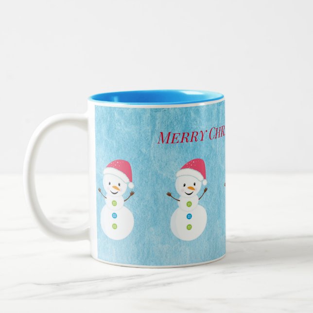 Merry Christmas Snowmen Custom Name Text Two-Tone Coffee Mug (Left)