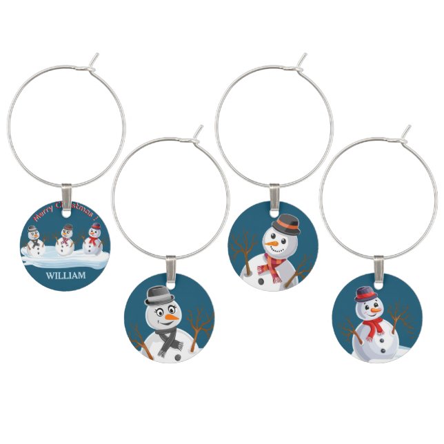 Merry Christmas snowmen custom text Wine Charm (Staggered)