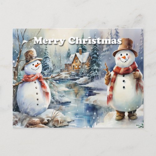 Merry Christmas Snowmen  Log Cabin River  Announcement Postcard