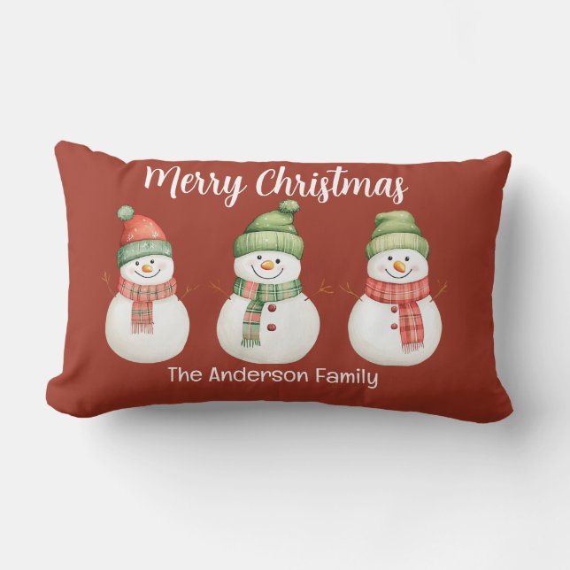 Merry Christmas Snowmen Lumbar Pillow (Front)