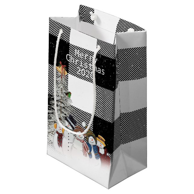 Merry Christmas snowmen on plaid Small Gift Bag (Front Angled)