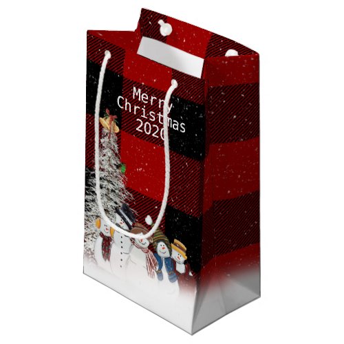 Merry Christmas snowmen on plaid Small Gift Bag